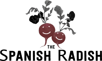 Spanish Radish Logo - Two small radishes with smiley faces and fluffy leaves
