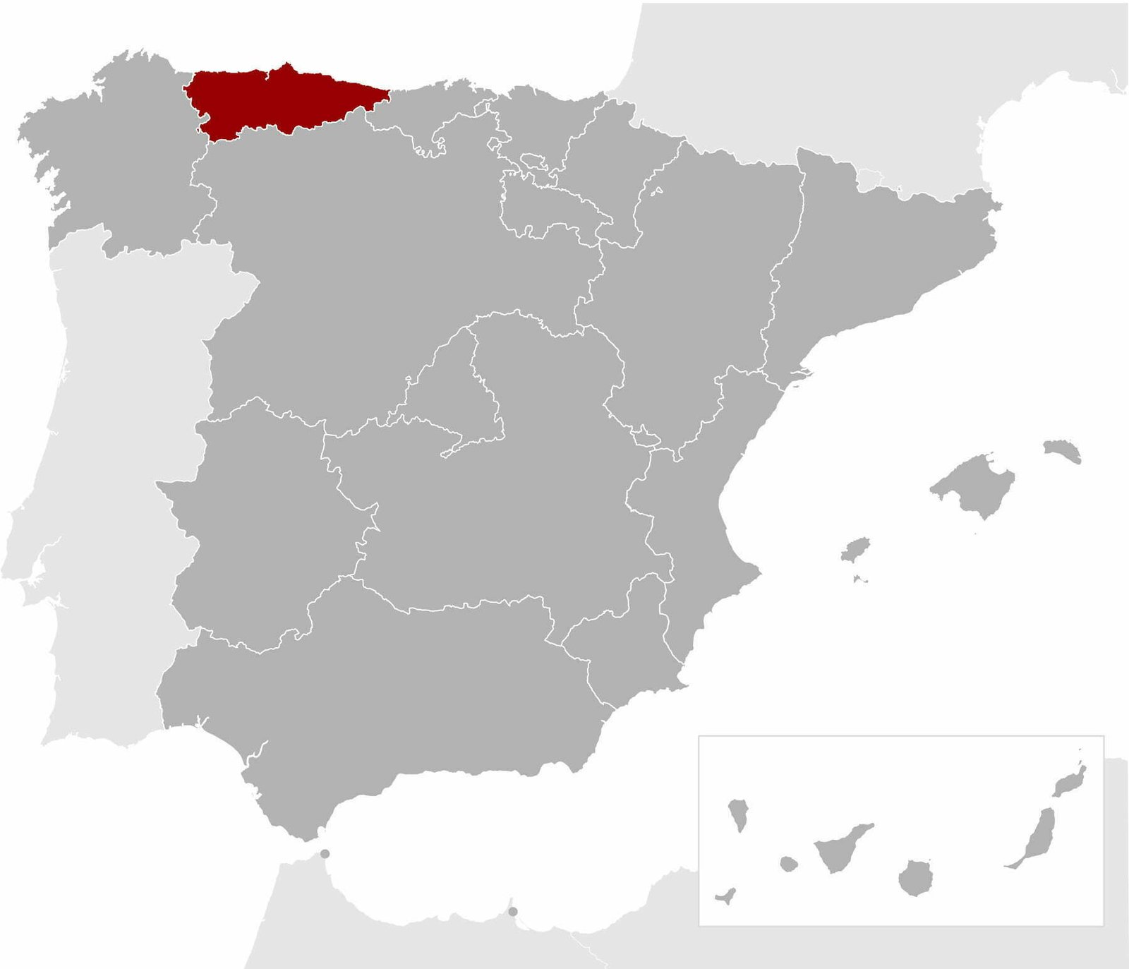 Regional map of Spain with Asturias highlighted in a deep red color