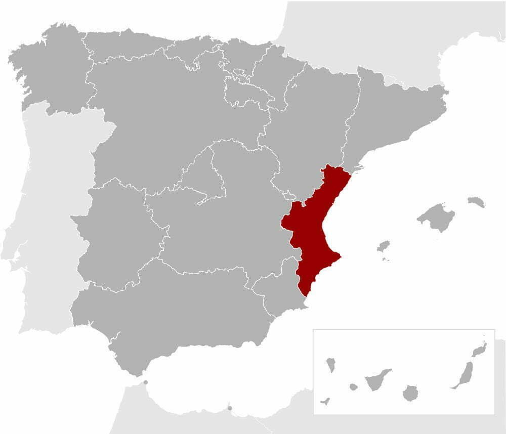 Valencia regional guide map showing the valencia region in red and the rest of spain in grey