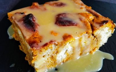 Super easy pumpkin bread pudding with gooey caramel sauce