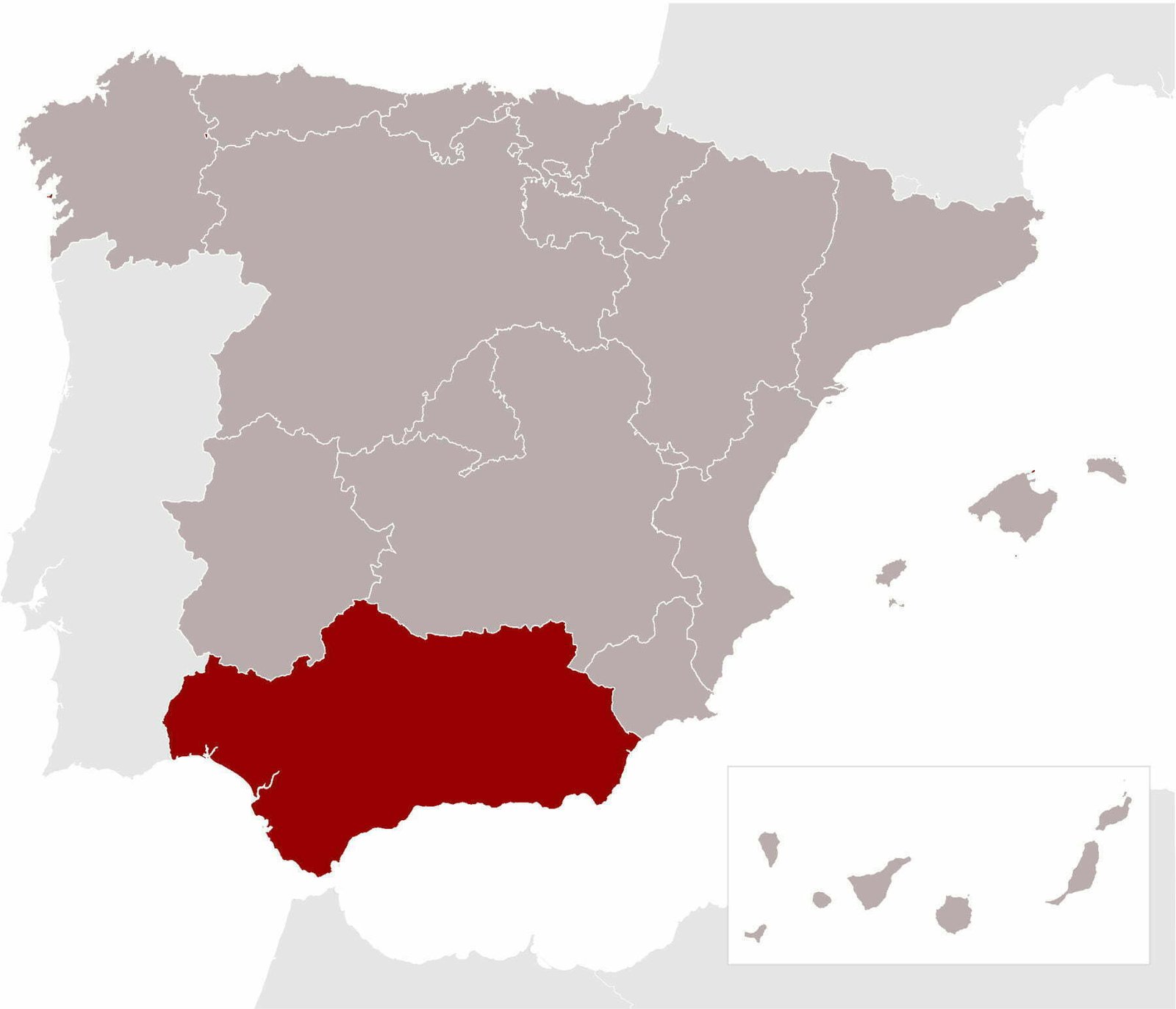 Map of Spain and Portugal with Andalusia highlighted in red