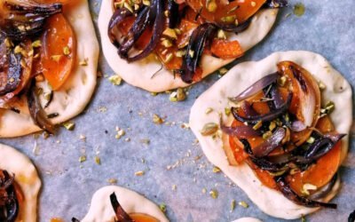 Pumpkin and caramelized onion Cocas (Valencian pizza)