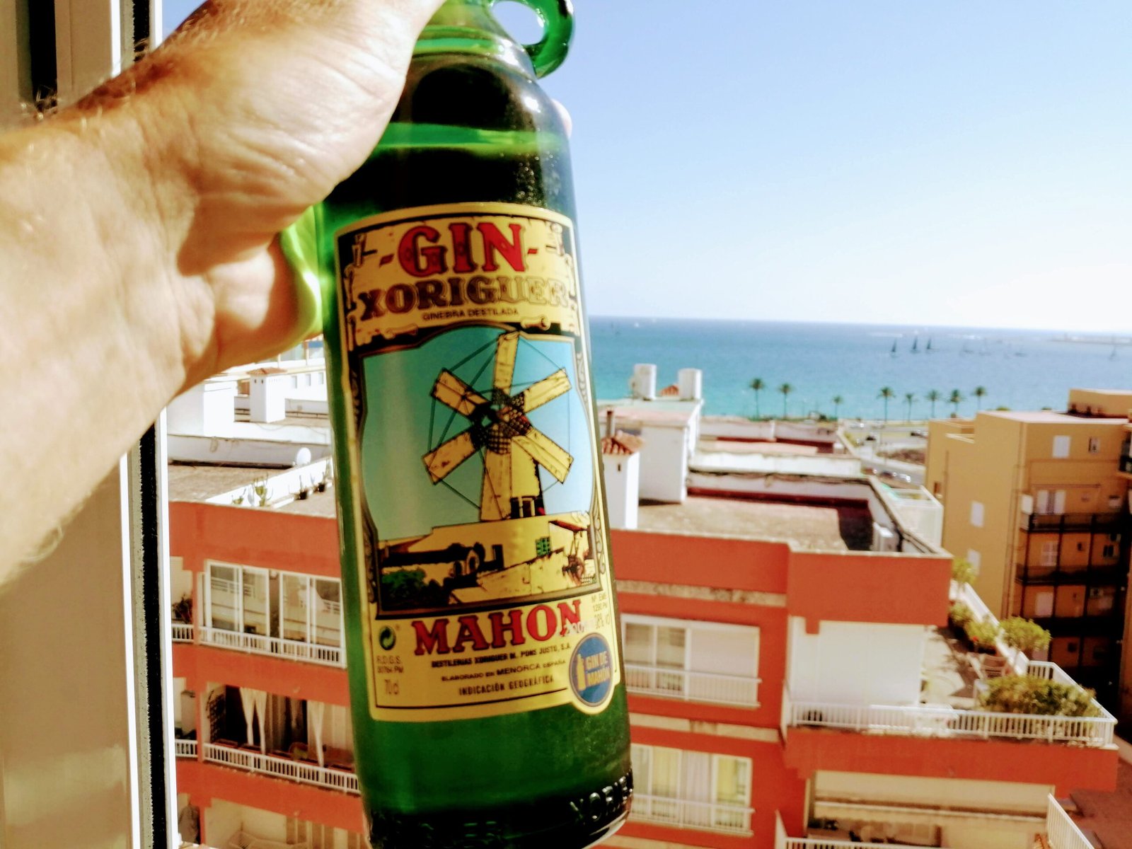 a person holds a bottle og Menorcan gin in the foreground with a sweeping view over a harbor in the background