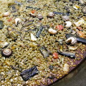 An orchard paella is cooking in a traditional paella pan.