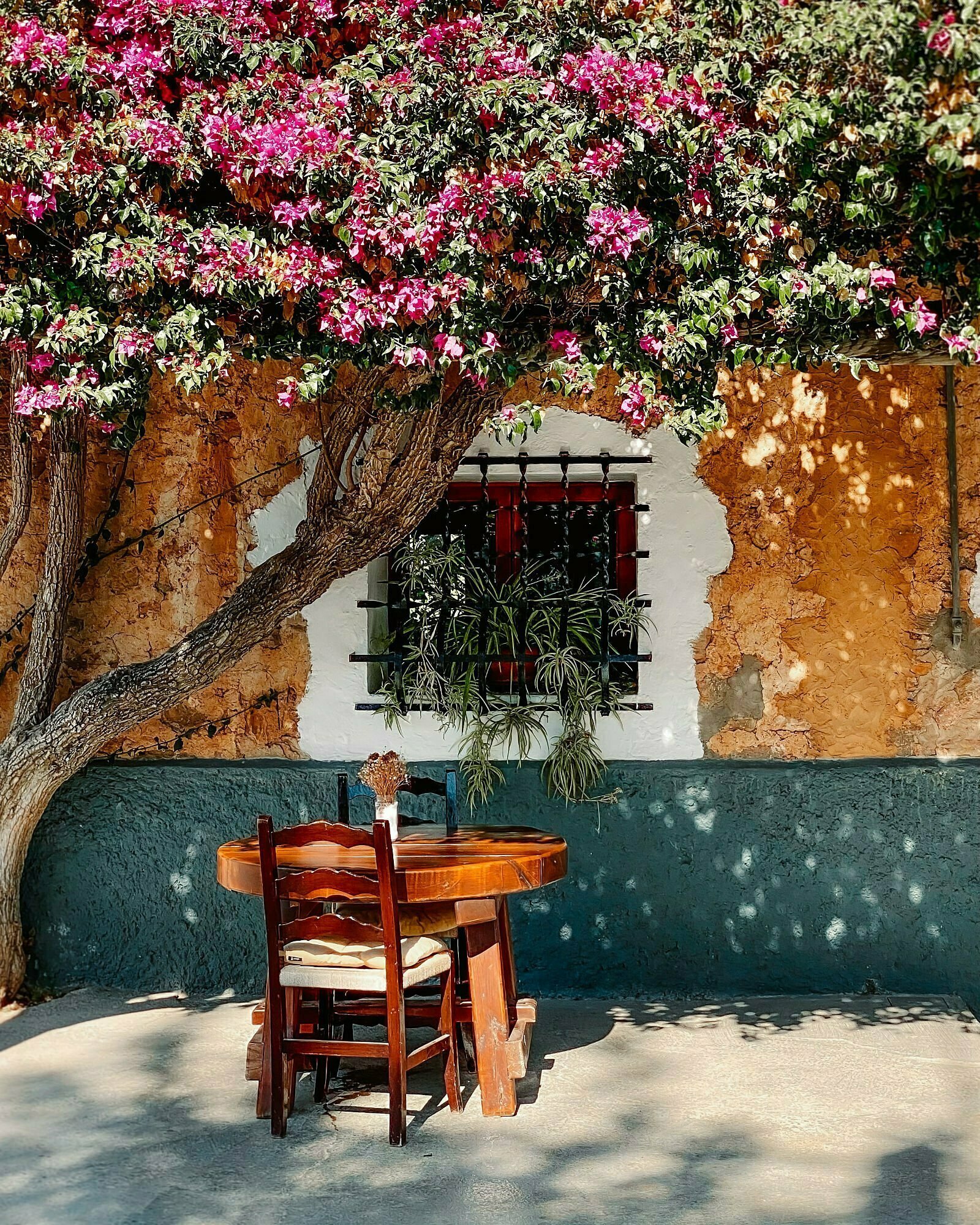 A small wooden table set ror two its under a boganvilia tree that has vibrant pink flowers