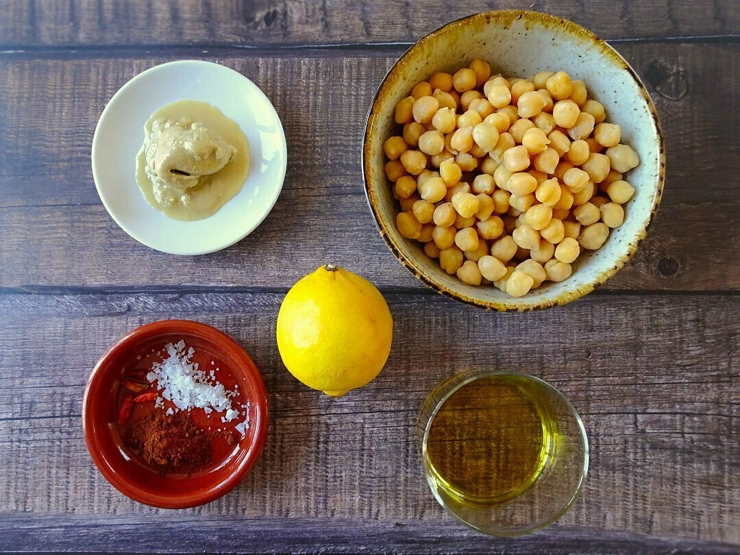 ingredients laid out to make Mediterranean Hummus