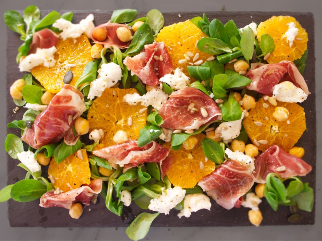 Jamon Iberico Salad with Orange, Chickpeas, and Almonds