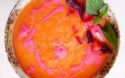 Watermelon gazpacho with a yogurt and beetroot drizzle