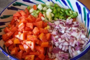 a bowl of diced tomato red and green peppers and red onion sits waiting to be served