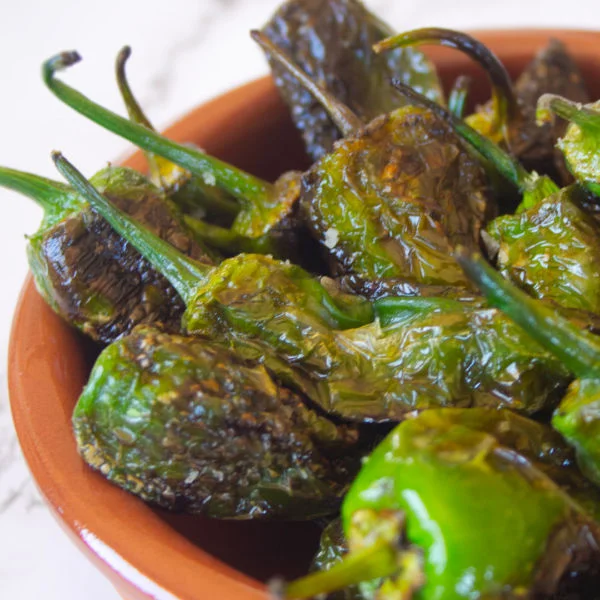 a small bowl of padron peppers sprinkled with some salt
