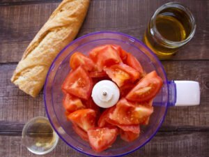 ingredients for salmorejo are in a blender