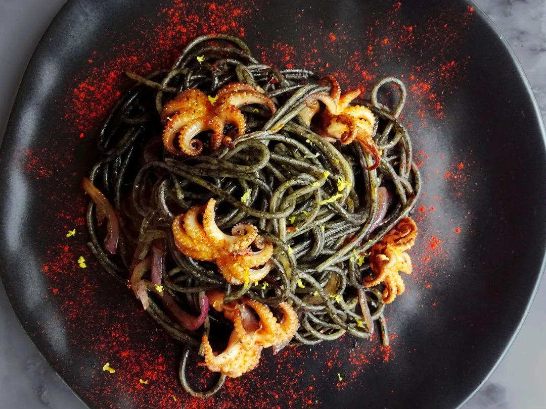 Squid ink pasta with baby squid - The Spanish Radish