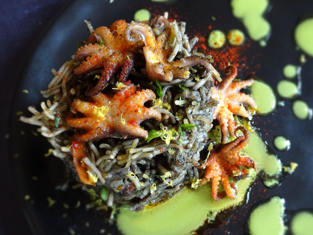 Fideua Squid ink pasta with Tangy Allioli Verde