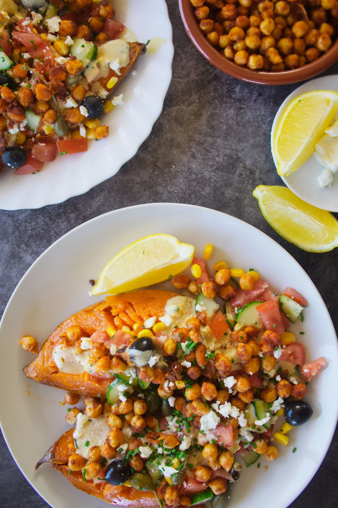medibakedsweetpotatoestalltopv11080x1620 The Spanish Radish A few pates of Mediterranean baked sweet potatoes loaded up with toppings and a white yogurt sauce