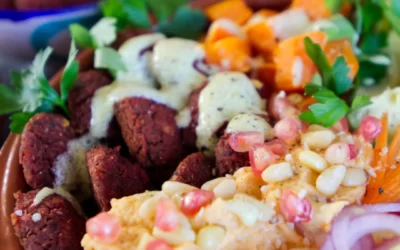 Super healthy rice bowl with beetroot falafels