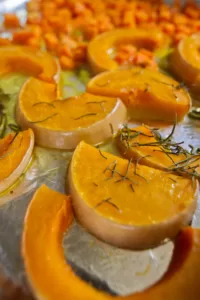 roasted pumpkin on a baking tray