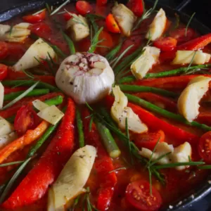 Sliced pepper asparagus and a head of garlic garnish a pan of arroz al horno