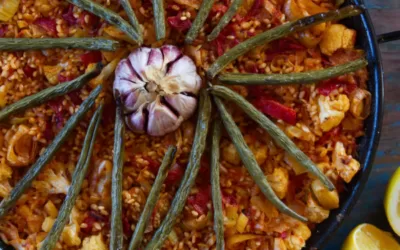 Spanish oven-baked rice with cauliflower and green beans