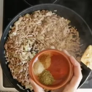 spices added to a pan of mince meat