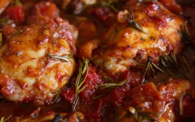 Roast chicken thighs with red wine, tomato, and herbs.