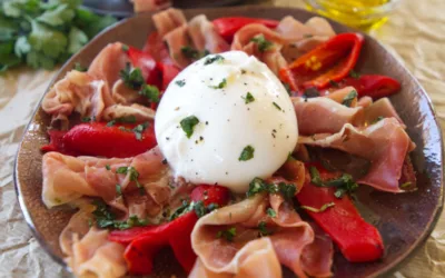 Deliciously Easy No-Cook Tapas: Burrata with Serrano Ham and Roasted Peppers