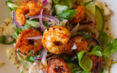 Spicy grilled shrimp with tangy peach salad