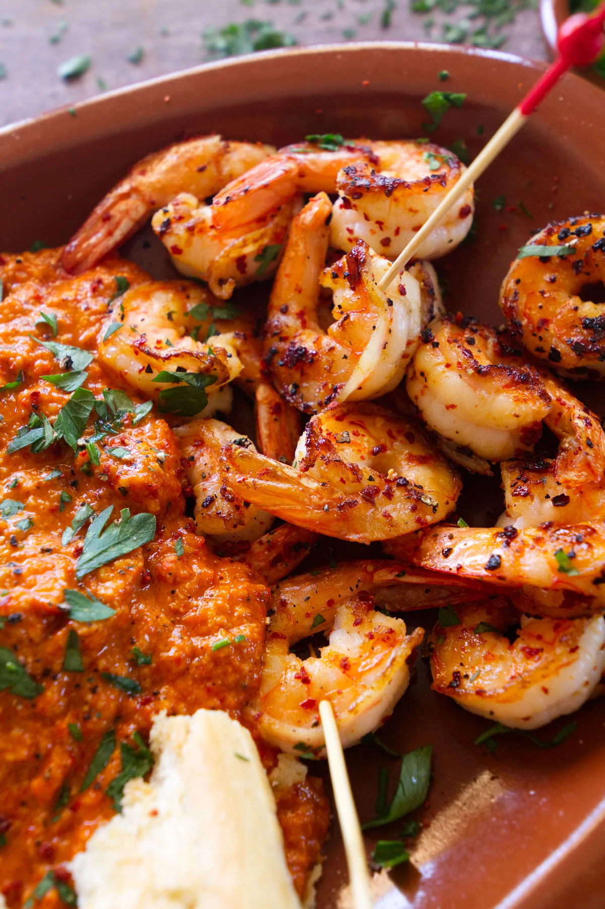 pan-fried spicy shrimp with romesco sauce