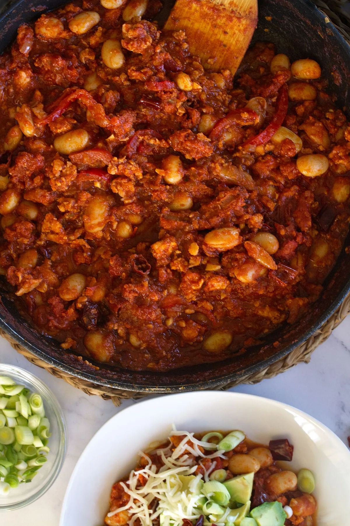 A large pan of Chicken chorizo chili.