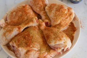 some raw chicken pieces are seasoned with a Mediterranean combination of spices.