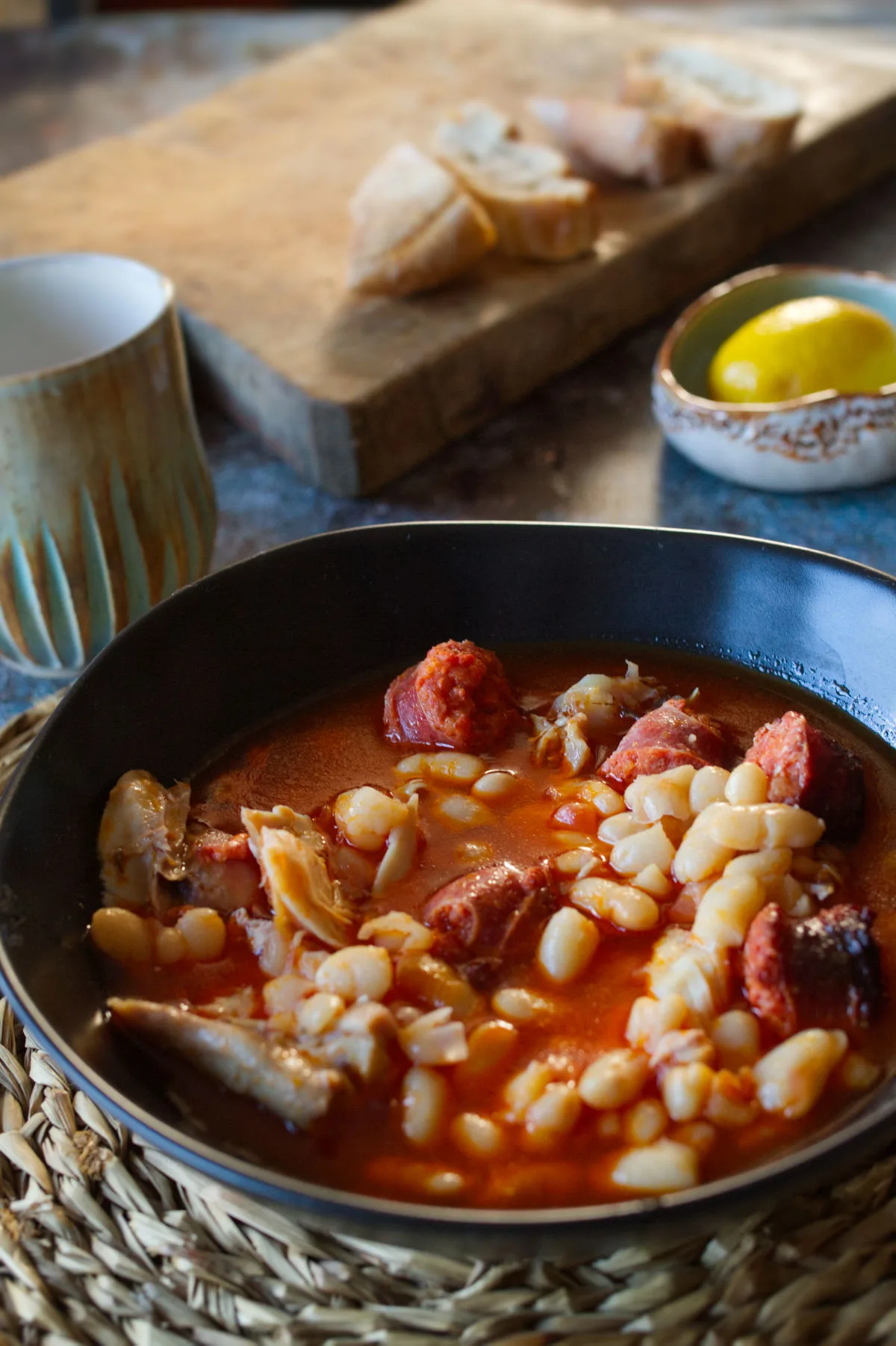 A bowl serving of chicken chorizo dinner.