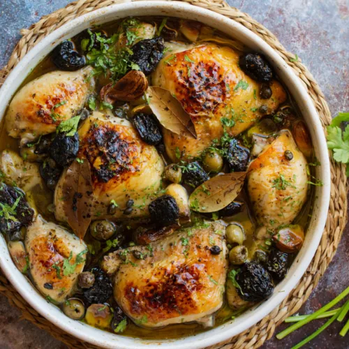 A large casserole dish of chicken Marbella sist beside some fresh herbs and lemon.