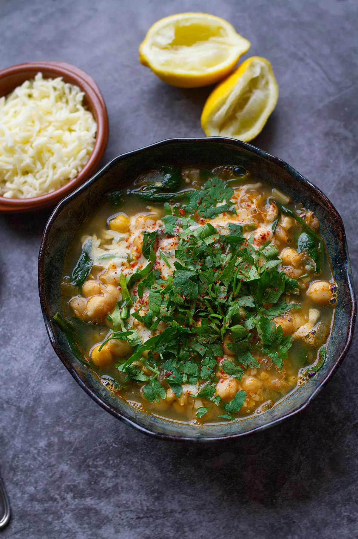 A bowl of spinach and chickpea soup.