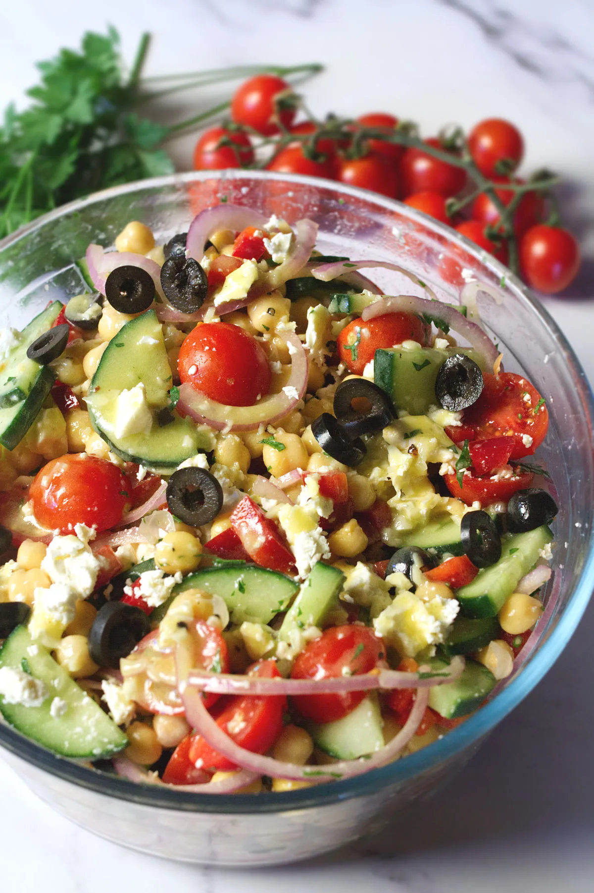 Mediterranean chickpea salad in a large bowl.