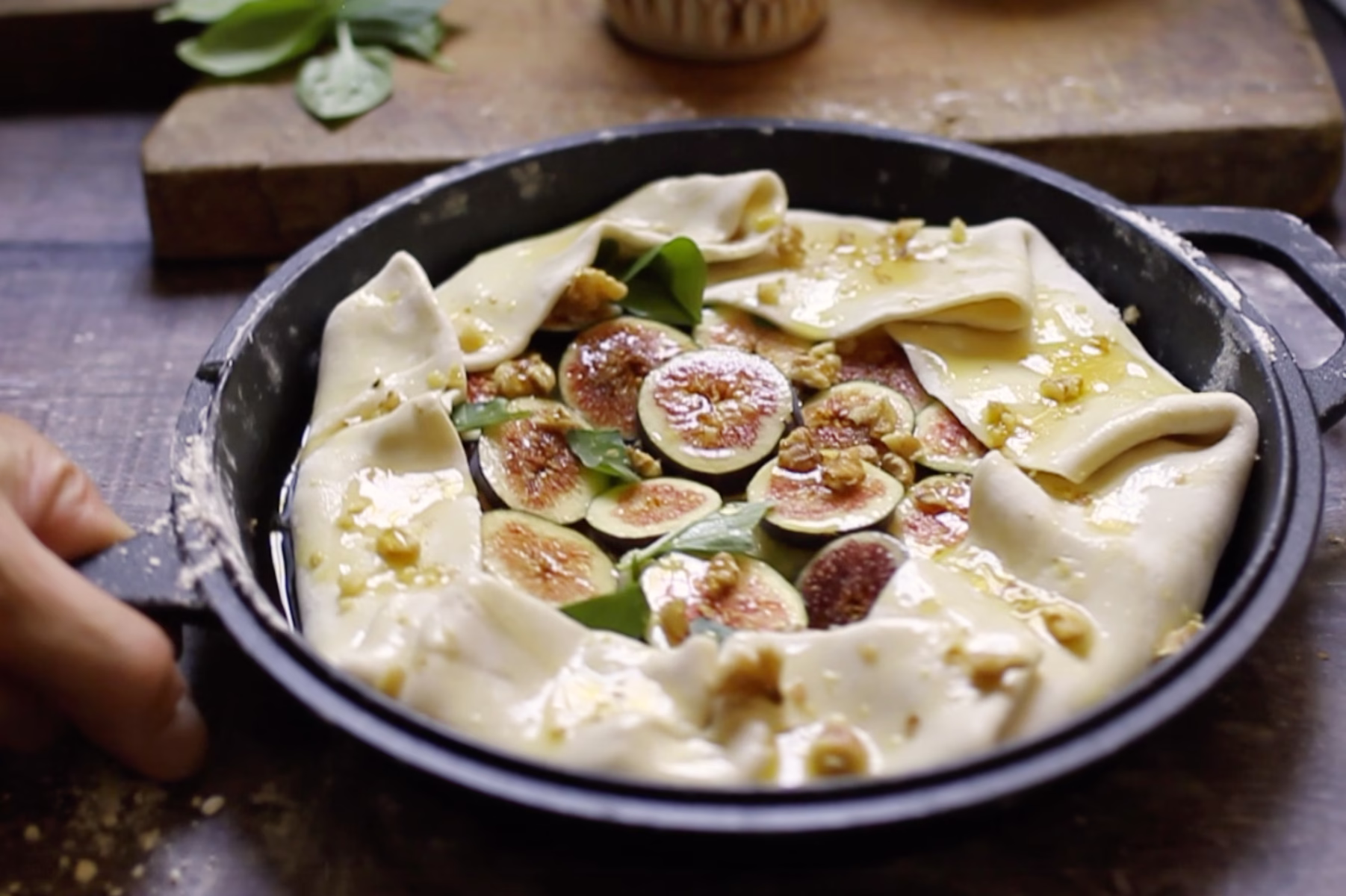 an uncooked gorgonzola fig and walnut tart