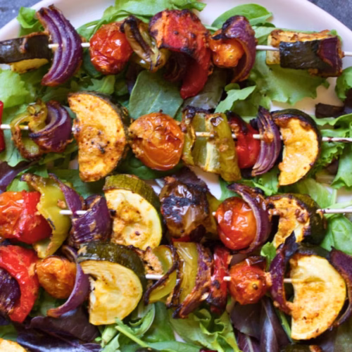A platter of Mediterranean Veggie Skewers