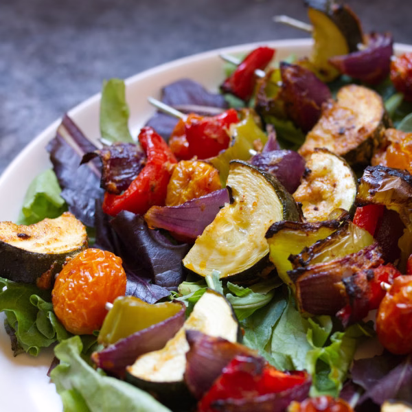 A platter of Mediterranean Veggie Skewers