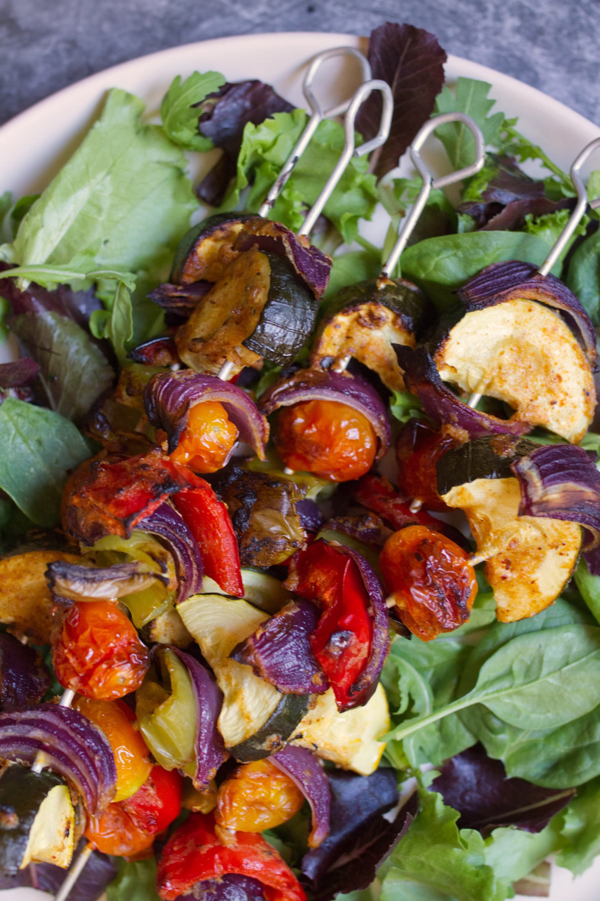 A platter of Mediterranean Veggie Skewers