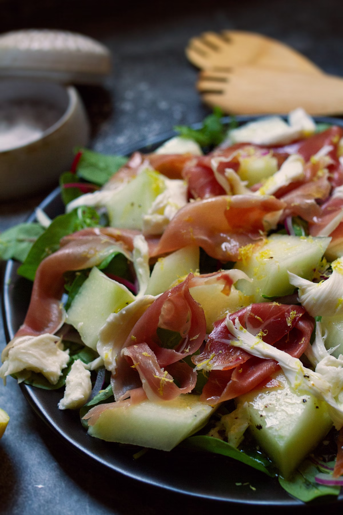 a plate of Summer Salad with Melon, Mozzarella, and Serrano Ham