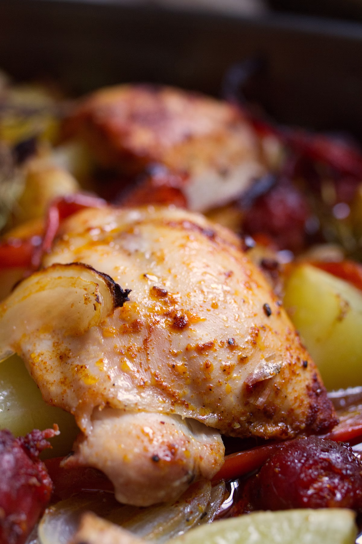 A large pan of Spanish Chicken with chorizo and potatoes