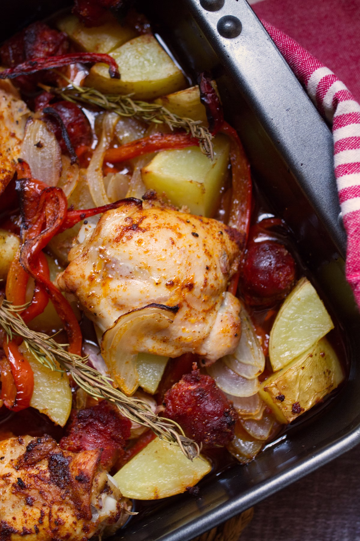 A large pan of Spanish Chicken with chorizo and potatoes