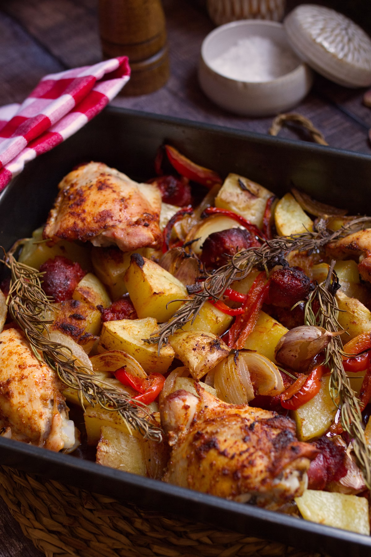 A large pan of Spanish Chicken with chorizo and potatoes