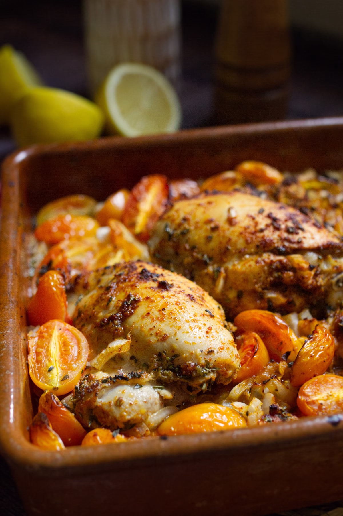 A pan of budget friendly Spanish chicken and veggies