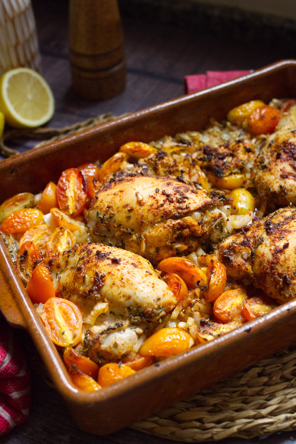 A pan of budget friendly Spanish chicken and veggies