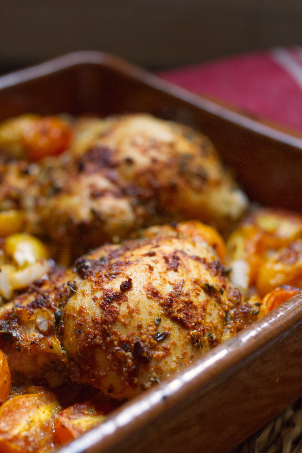 A pan of budget friendly Spanish chicken and veggies