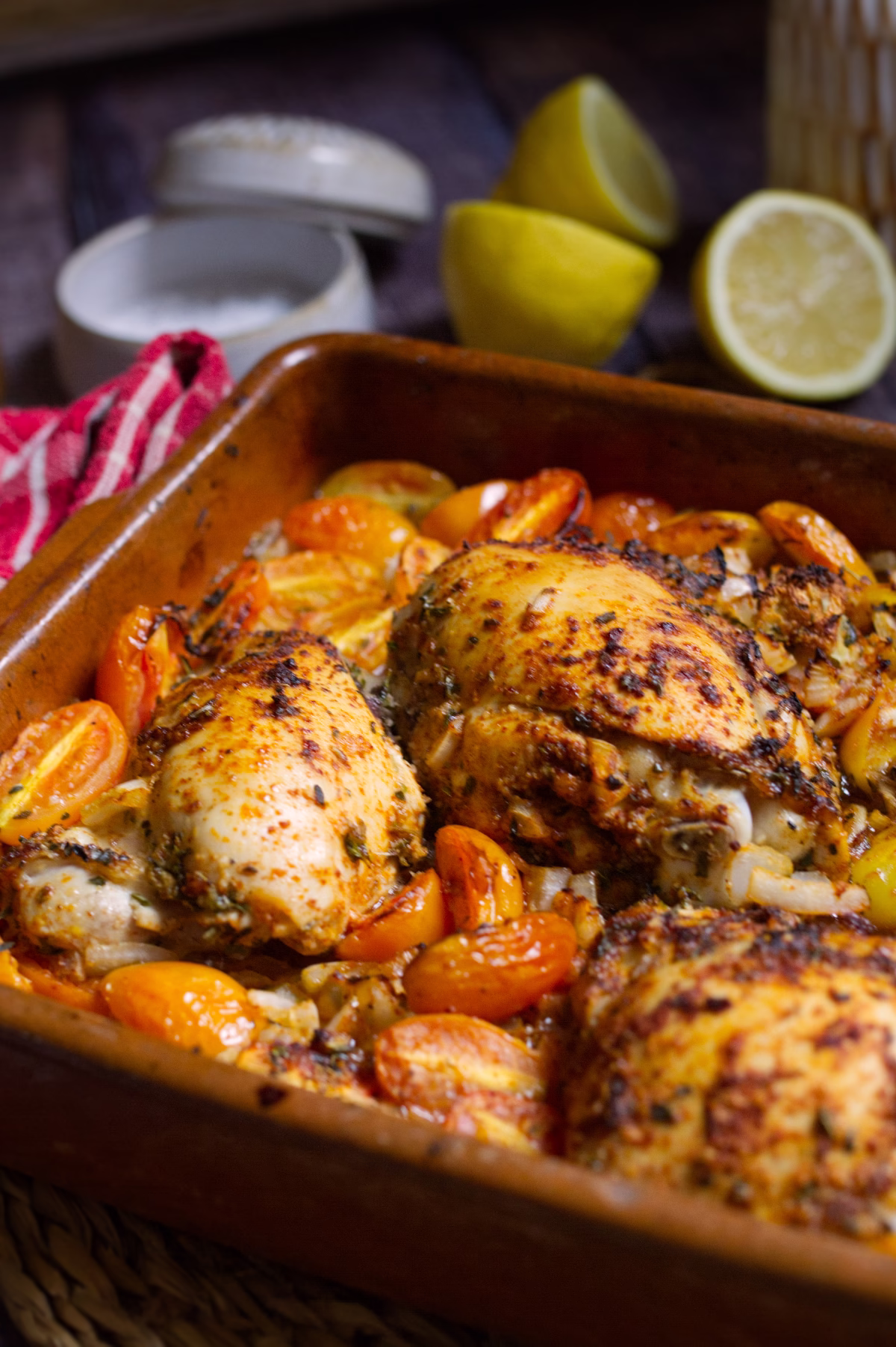 A pan of budget friendly Spanish chicken and veggies