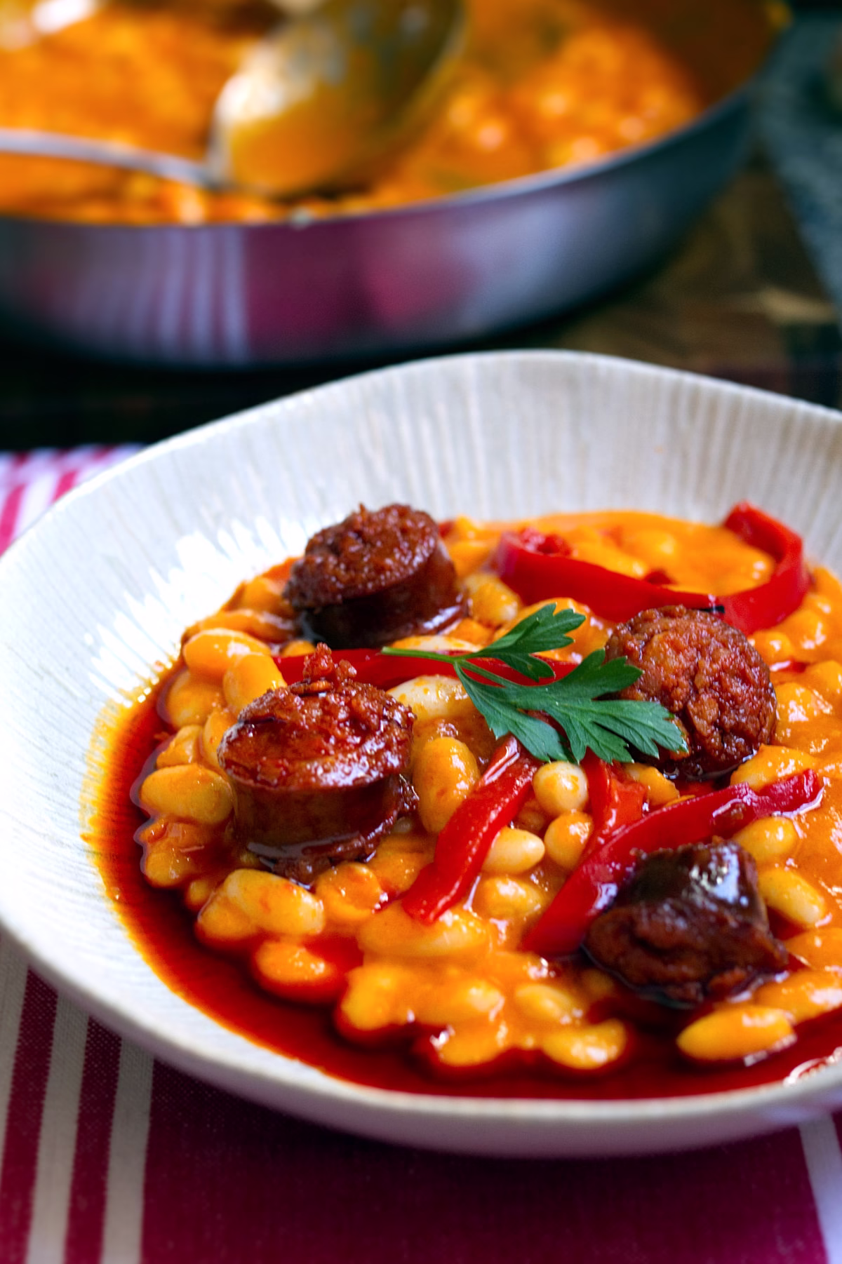 a bowl of Rioja-Style Beans with Spanish Chorizo
