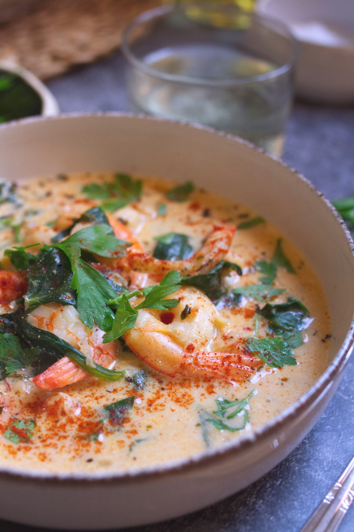 Creamy Shrimp Soup with Spinach Chickpeas-v24 A bowl of creamy shrim soup with spinach and chickpeas is garnished with some fresh parsley