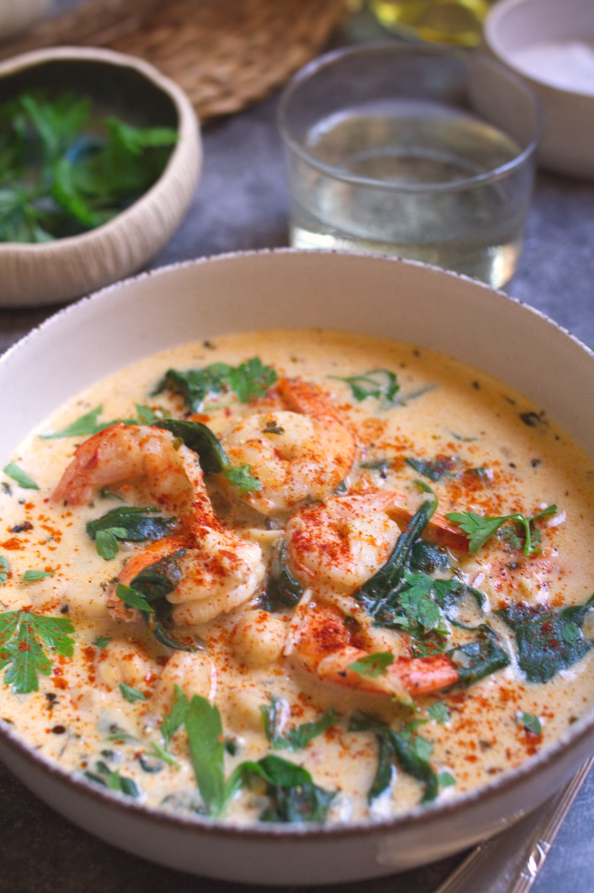Creamy Shrimp Soup with Spinach Chickpeas-v6 A bowl of creamy shrim soup with spinach and chickpeas is garnished with some fresh parsley