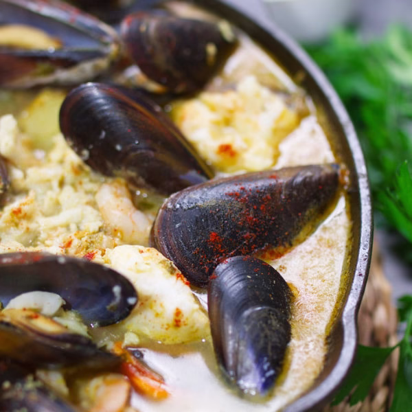 A large pan of Spanish Seafood Stew