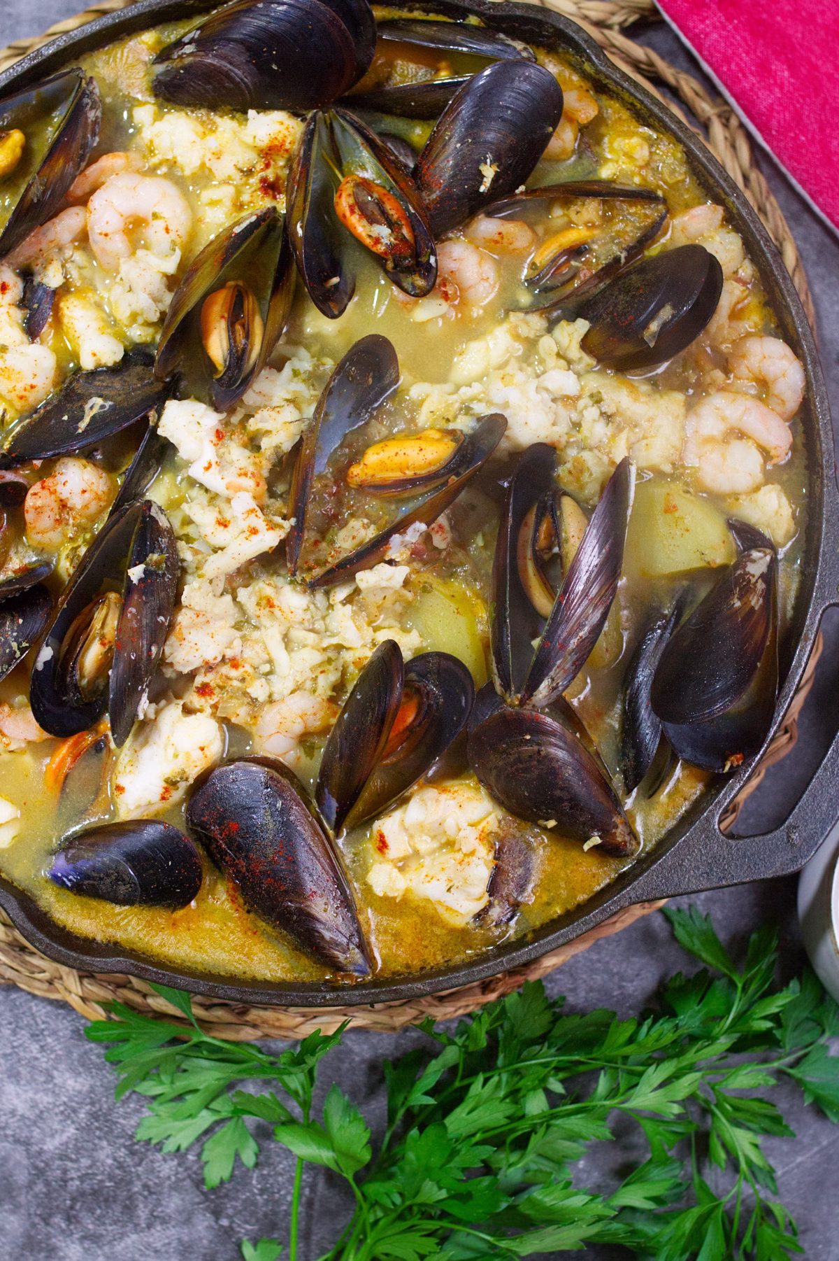 A large pan of Spanish Seafood Stew